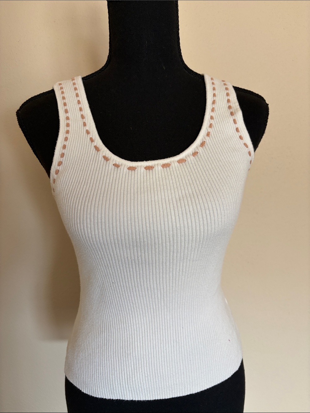 LA February White Ribbed Tank with Tan Stitch Detail